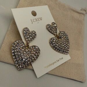 J Crew double stacked pave heart statement earrings